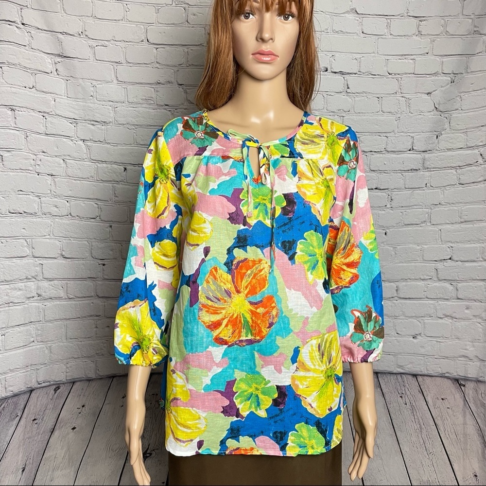 NWT New Linen Blend by Hester & Orchard Floral Tropical Blouse Top Size S